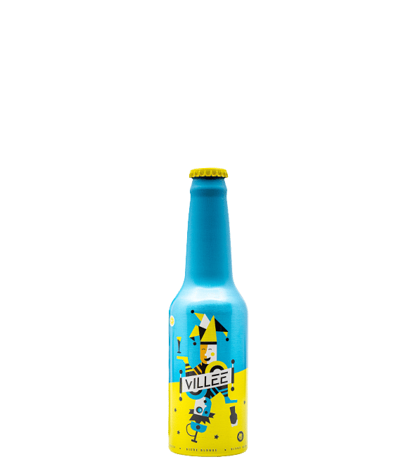 Fles 33 cl - fles blauw en geel - fun fles - 33 cl - Bier Villée - samen met de brouwerij des Légendes en de distillerij Biercée - Fles in aluminium