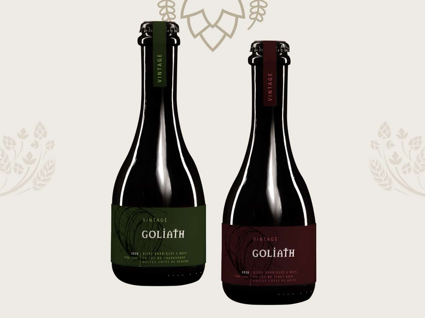 Beeld van 2 flessen 33 cl- tijdelijke bieren - Blond Goliath- gefermenteerd in vaten - Chardonnay en Pinot Noir - Brouwerij des Légendes -